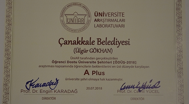 Çanakkale Belediyesine "A Plus" Ödül!